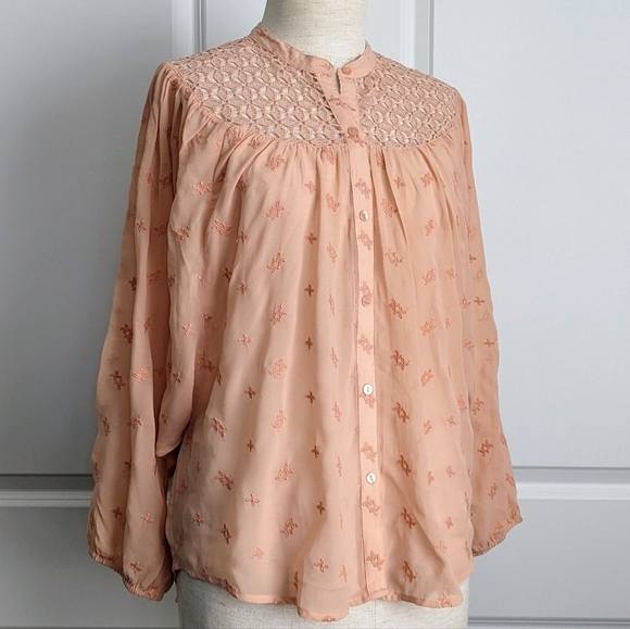 Lucky Brand Tops - Lucky Brand Blouse Embroidered Semi-Sheer Lace Button Front Rose Tan S/M NWT